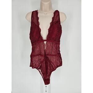 Eloquii Womens Sz 2X Sexy Lace Bodysuit Plunge Neckline Burgundy Red